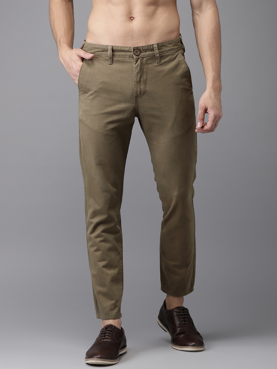Buy HERE&NOW Men Brown Slim Fit Solid Cropped Chinos - Trousers for Men ...
