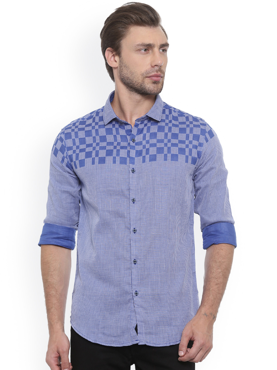 Buy WITH Men Blue & White Slim Fit Checked Casual Shirt Shirts for
