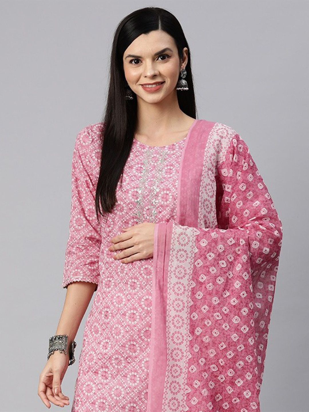 Women Pink Rayon Embroidered & Bandhani Printed Kurta with pant & dupatta