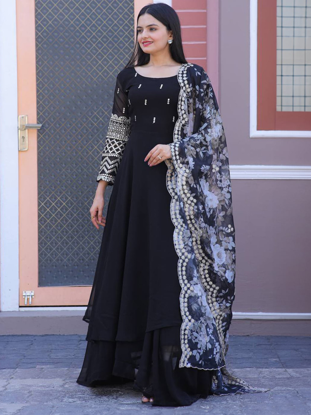 Black Floral Embroidered Georgette Ethnic Gown With Dupatta