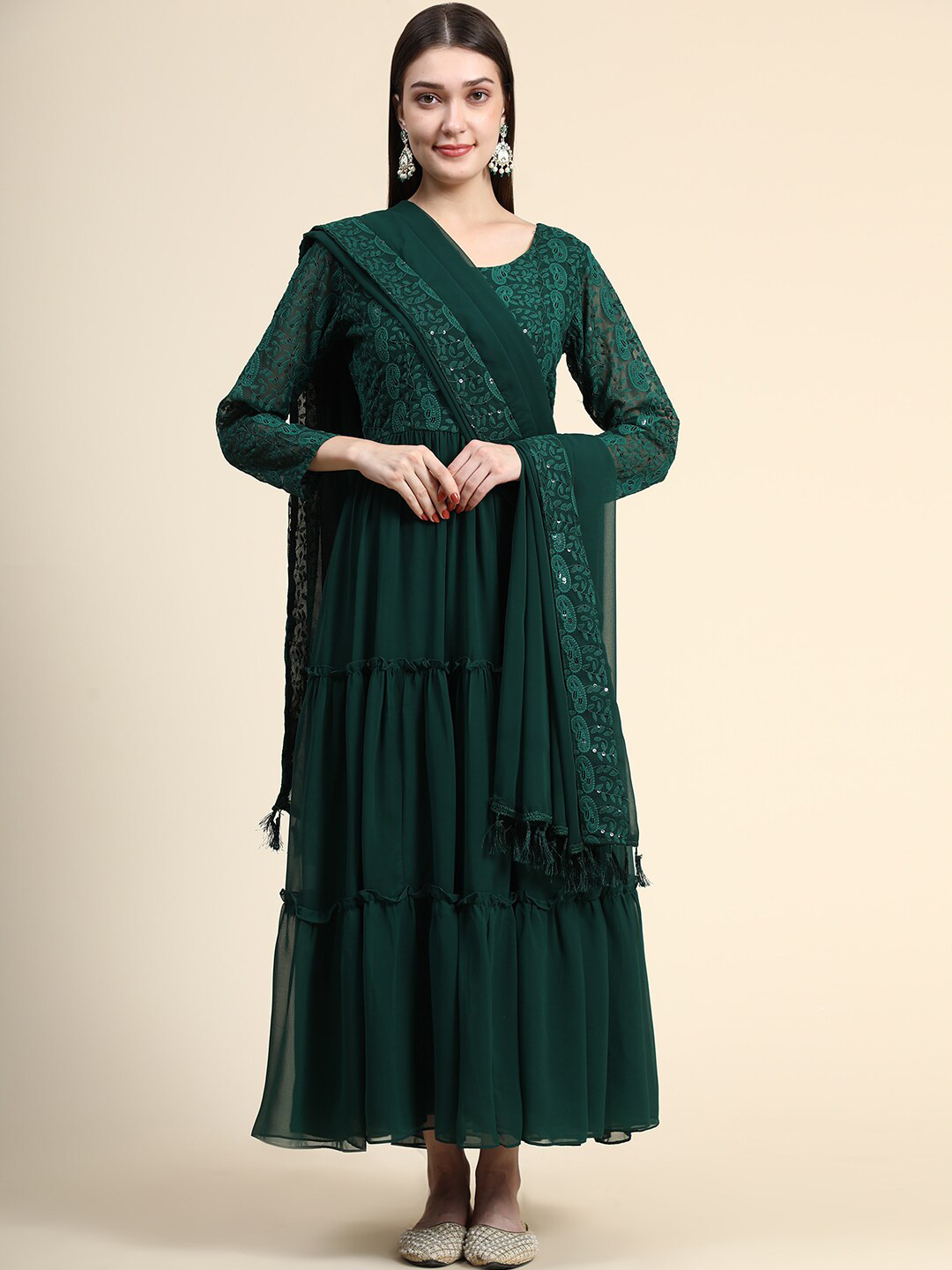 Girls Embellished Fit and Flare Ethnic Dress With Attached Dupatta