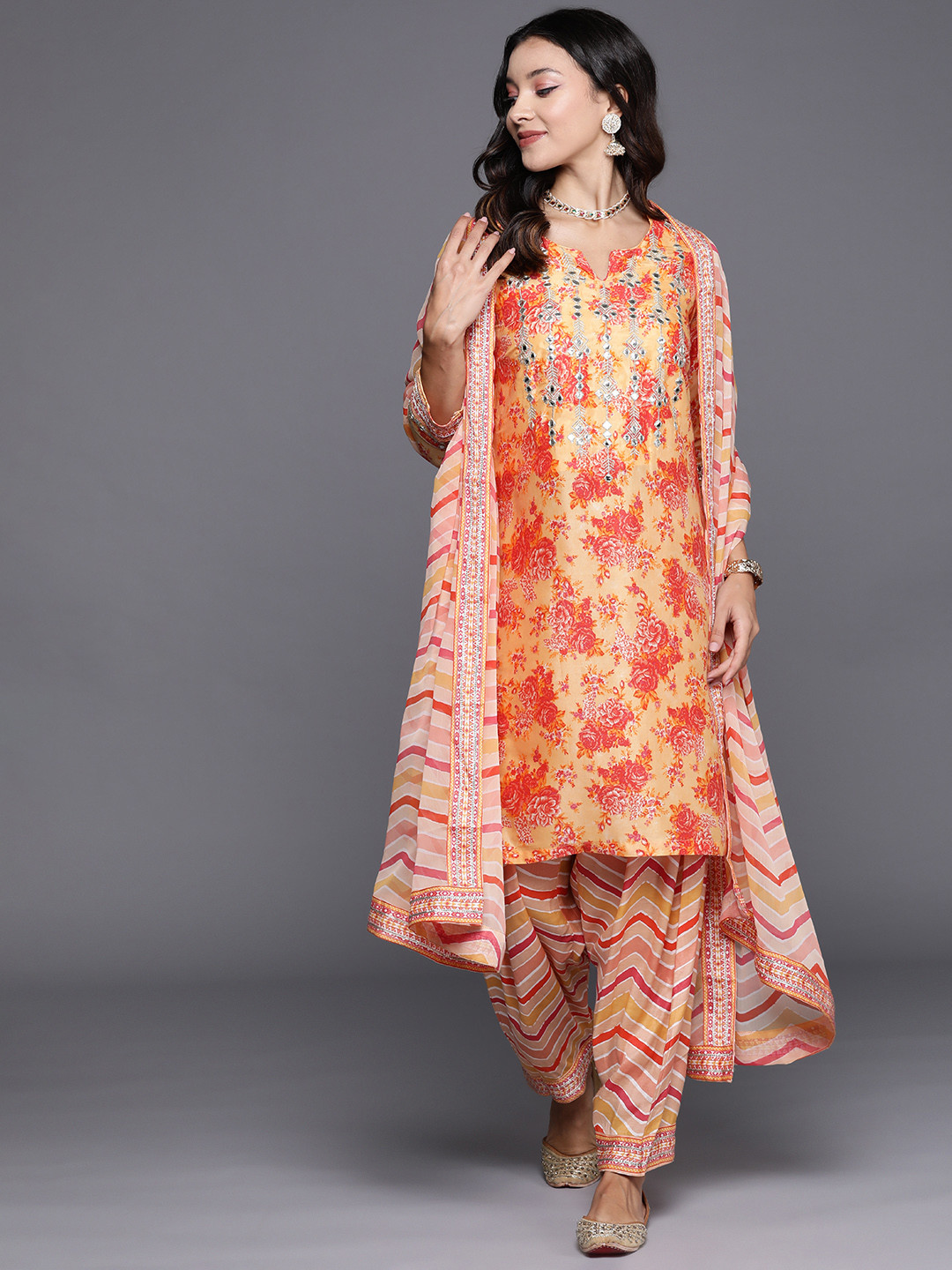 Buy Biba Liva Floral Print Mirror Work Kurta With Salwar & Dupatta