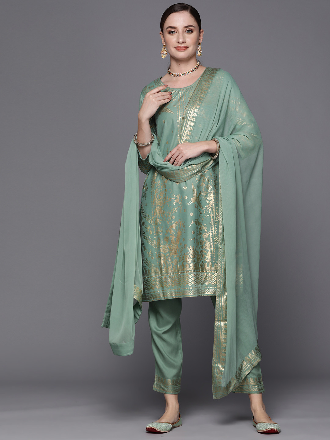 Women Liva Blue Foil Print Kurta Comfort pant Dupatta