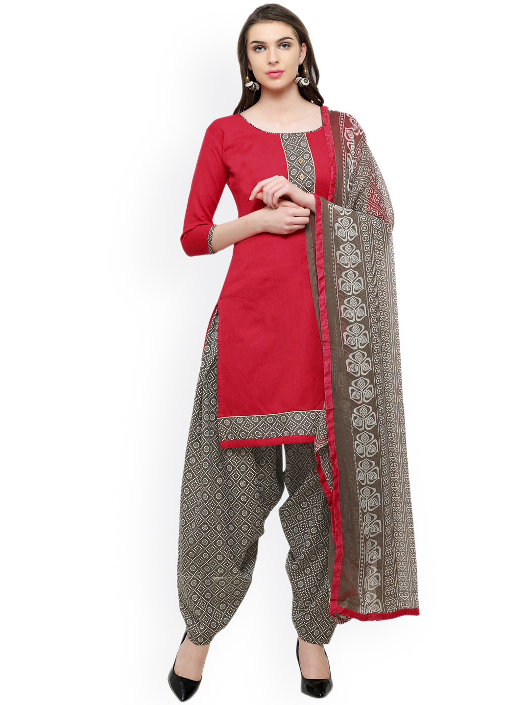 Buy Saree Mall Red & Grey Cotton Blend Unstitched Dress Material
