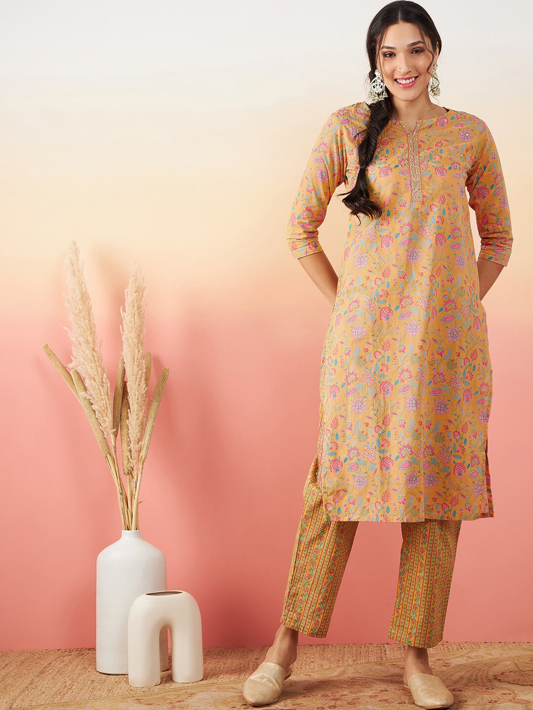 Buy Sangria Floral Printed & Embroidered Pure Cotton Straight Kurta ...