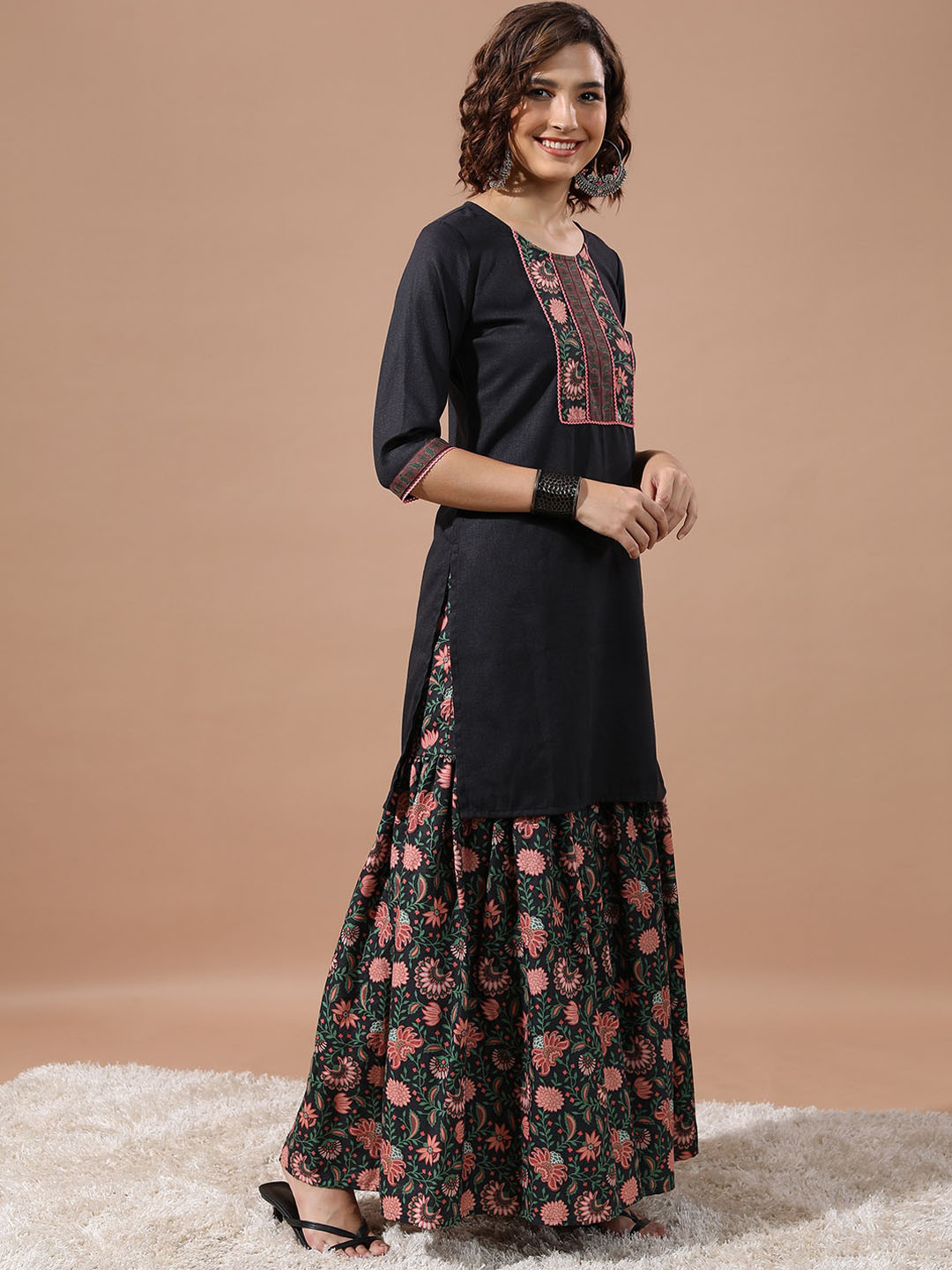 Floral Embroidered Thread Work Kurta With Sharara & Dupatta