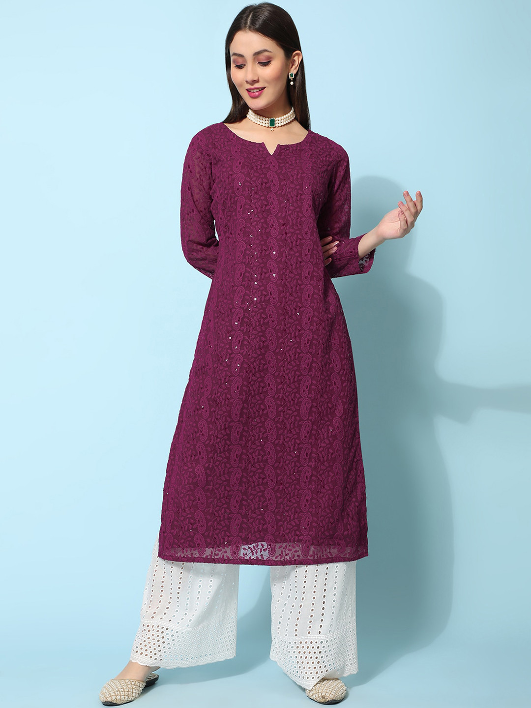 Chikankari Kurta : Burgundy
