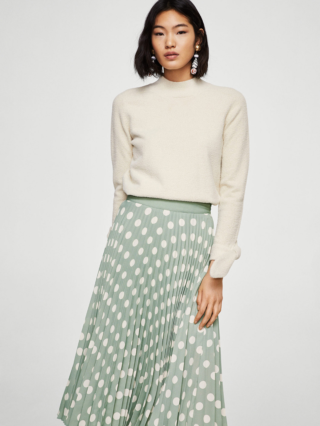 Buy MANGO Green & White Polka Dot Print Accordian Pleat Maxi Skirt