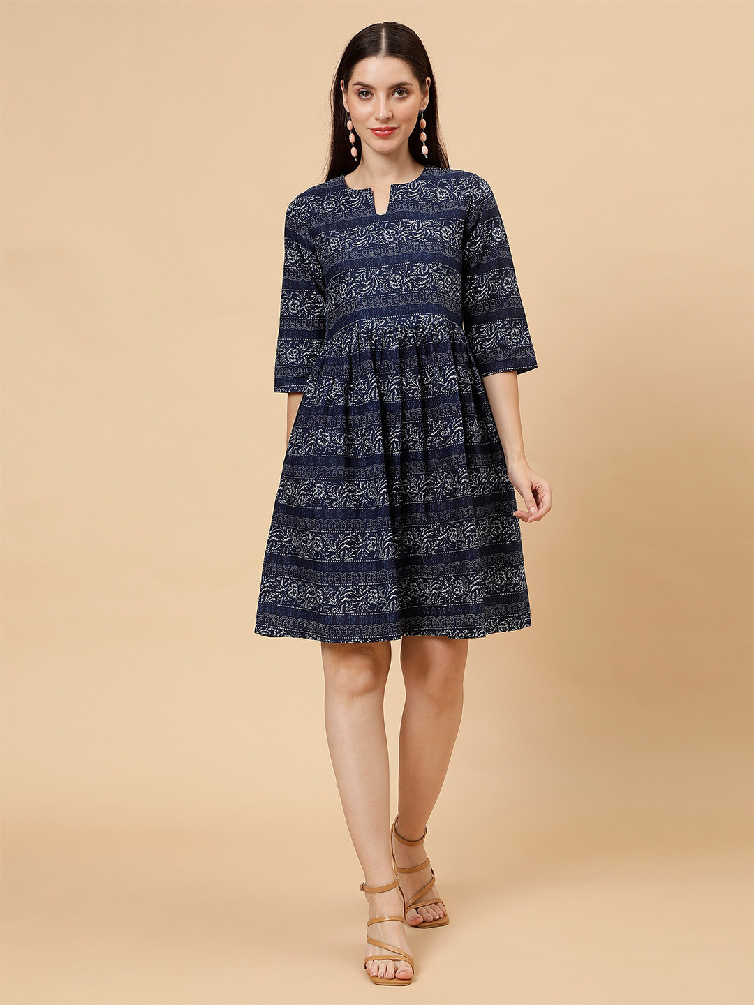Floral Printed Cotton Cold Shoulder Ethnic Dress