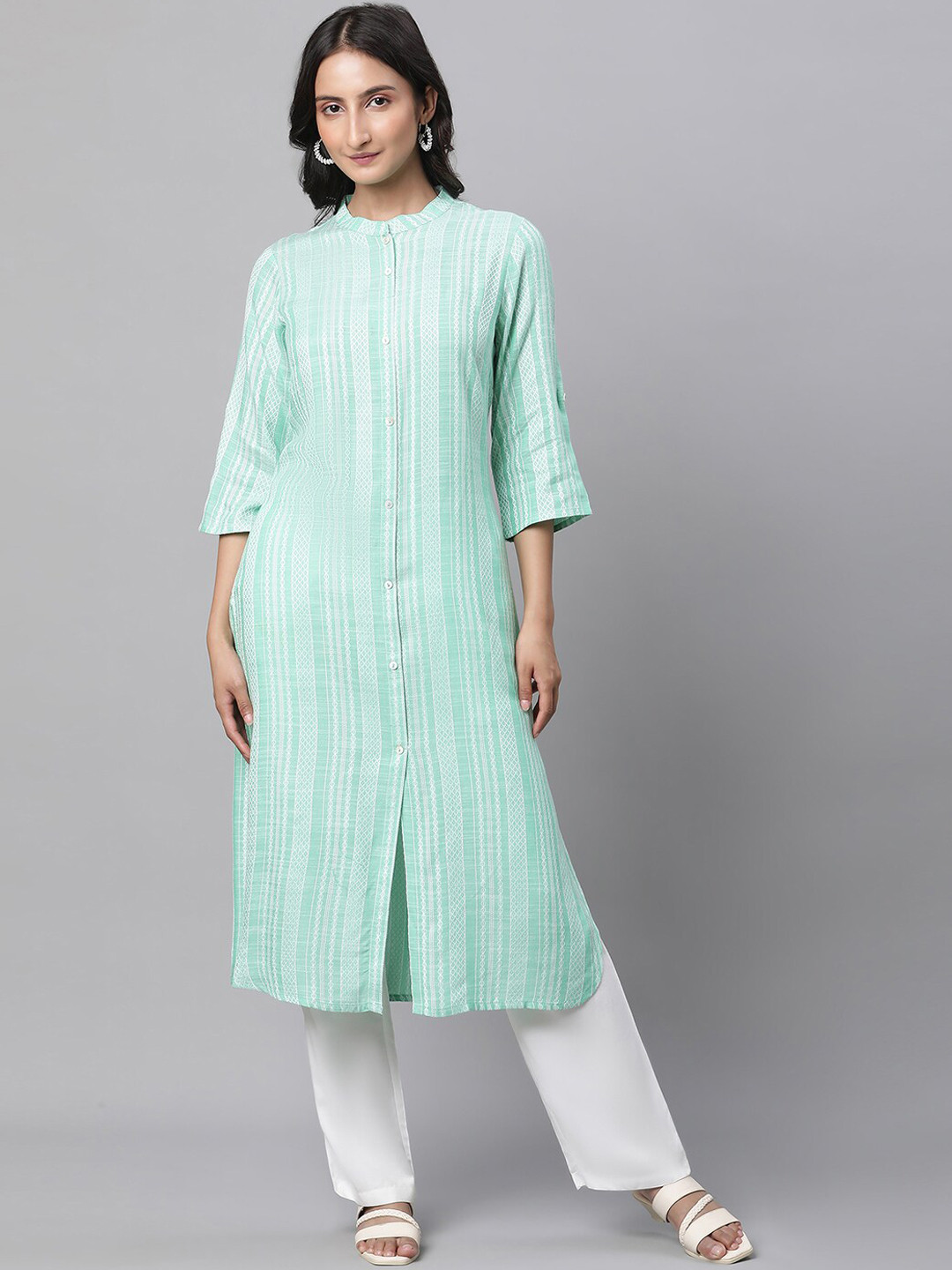 Buy AURELIA Striped Mandarin Collar A Line Kurta Kurtas for Women