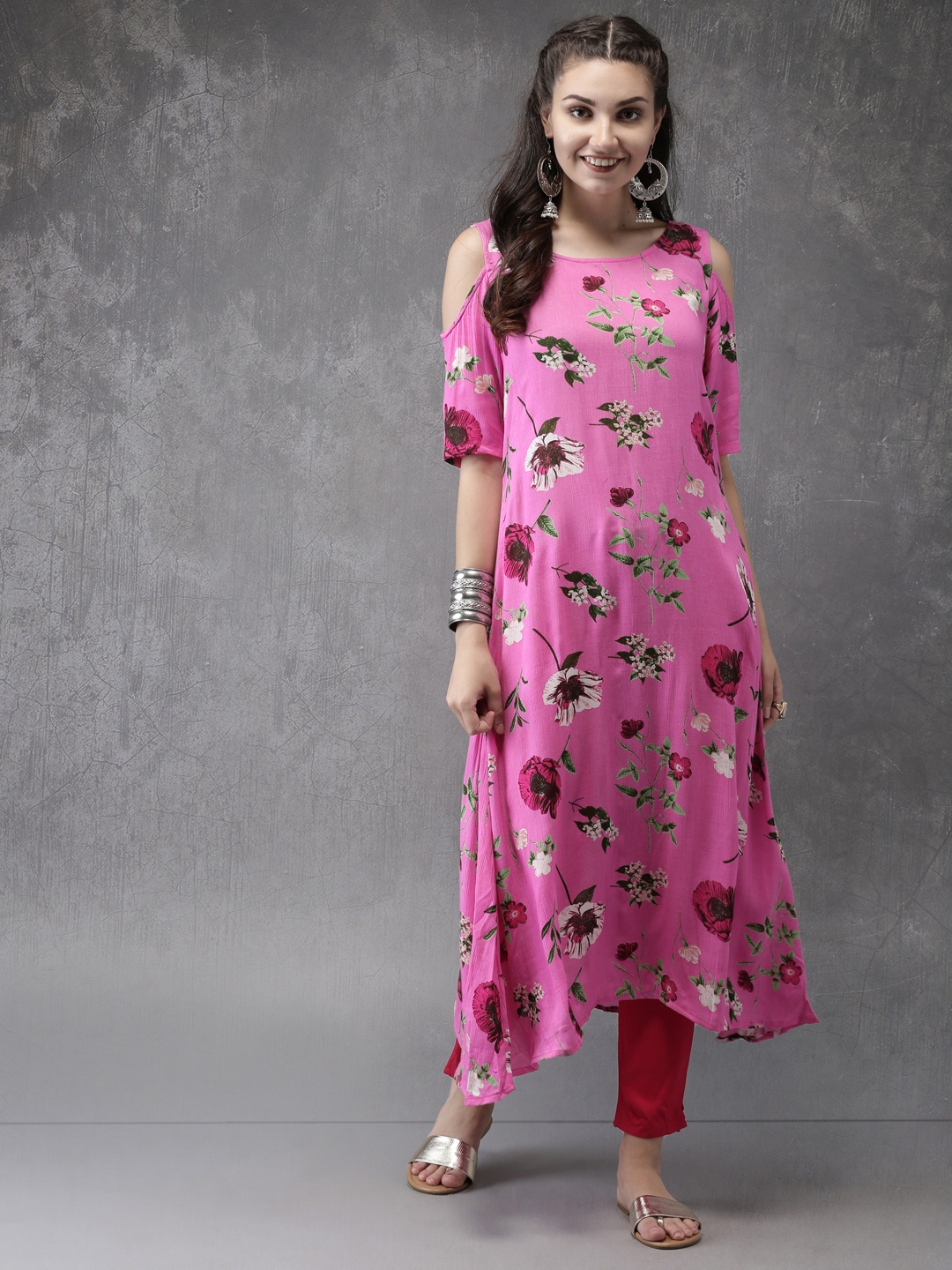 Buy Anouk Women Pink Floral Printed A Line Cold Shoulder Kurta - Kurtas ...