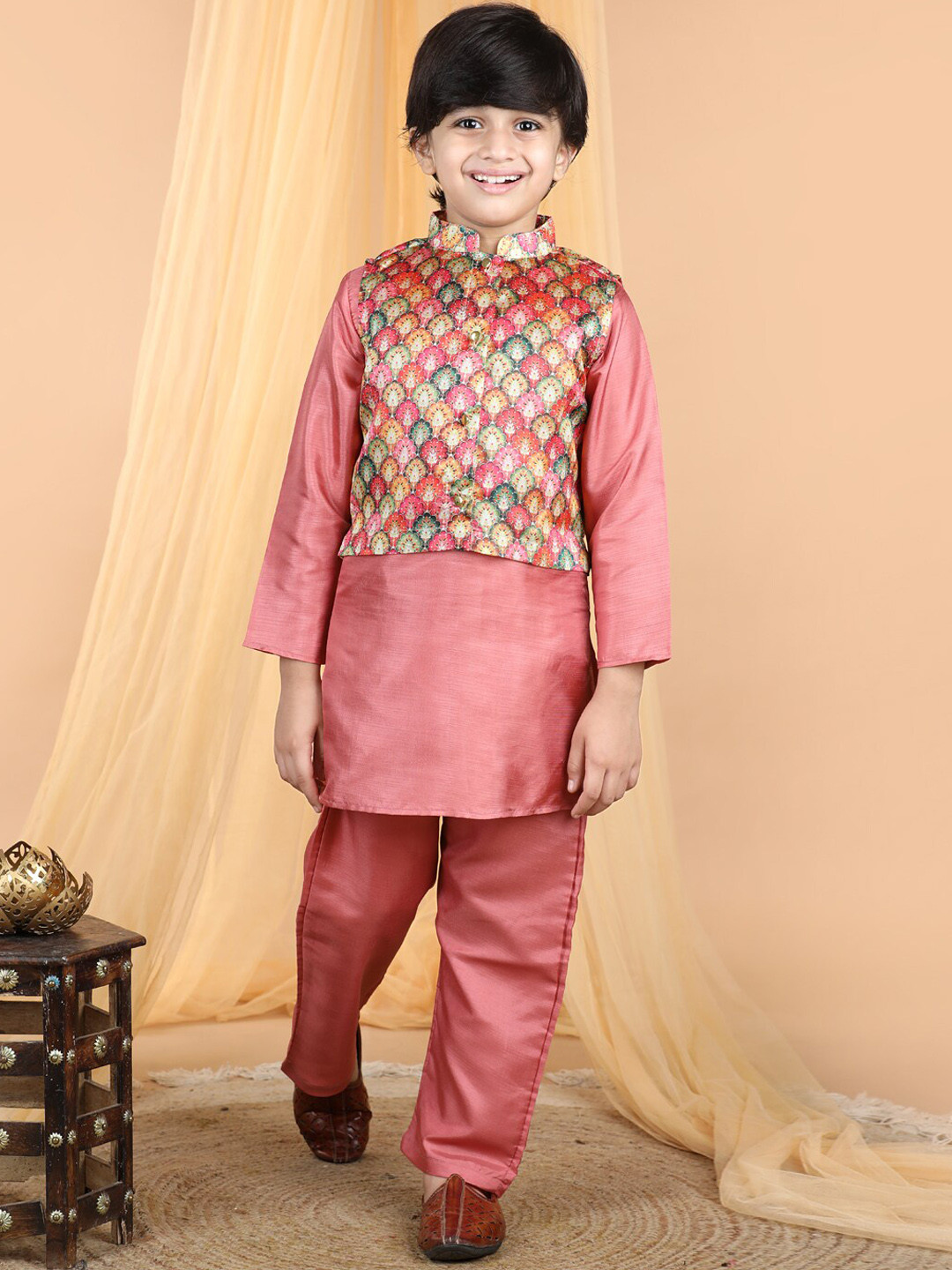 Boys Mandarin Collar Floral Yoke Design Regular Thread Work Kurta With Dhoti Pants