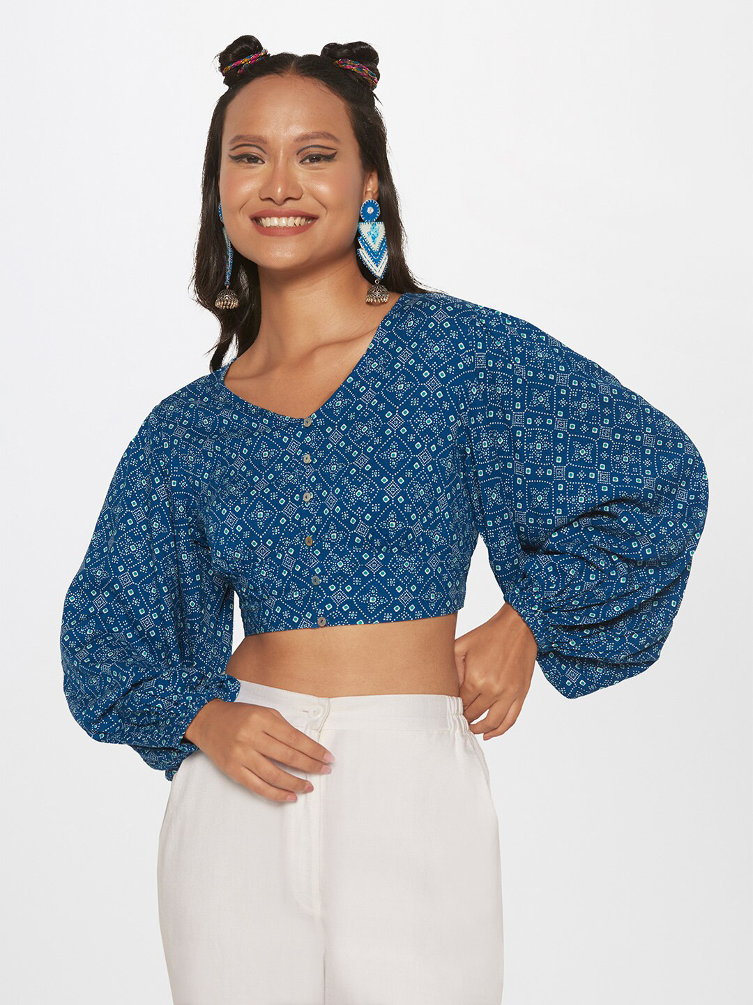 Global Desi Printed V-Neck Top & Skirt