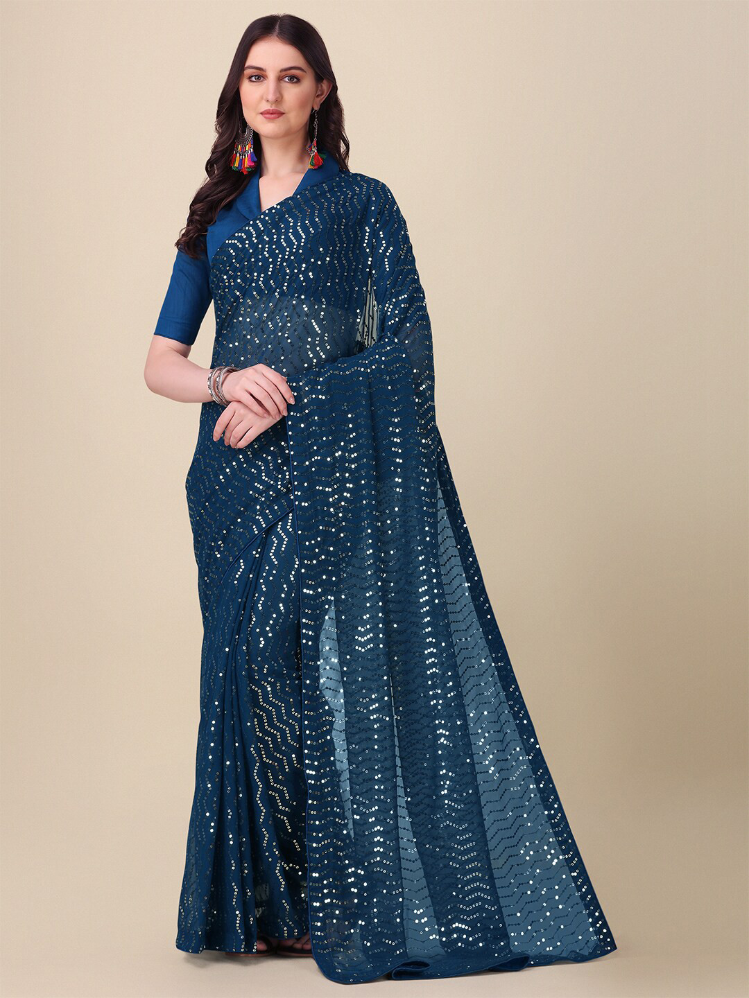 Women's Georgette Teal blue Embellished Designer Saree With Blouse Piece