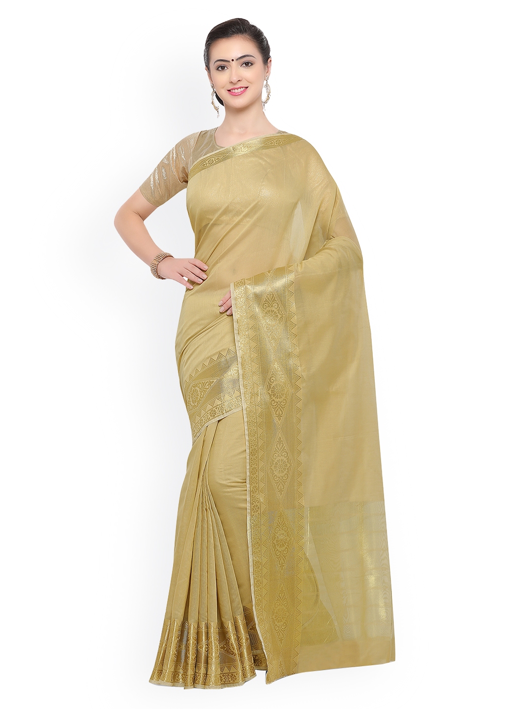 Buy Pisara Beige Silk Blend Woven Design Chanderi Saree - Sarees for ...