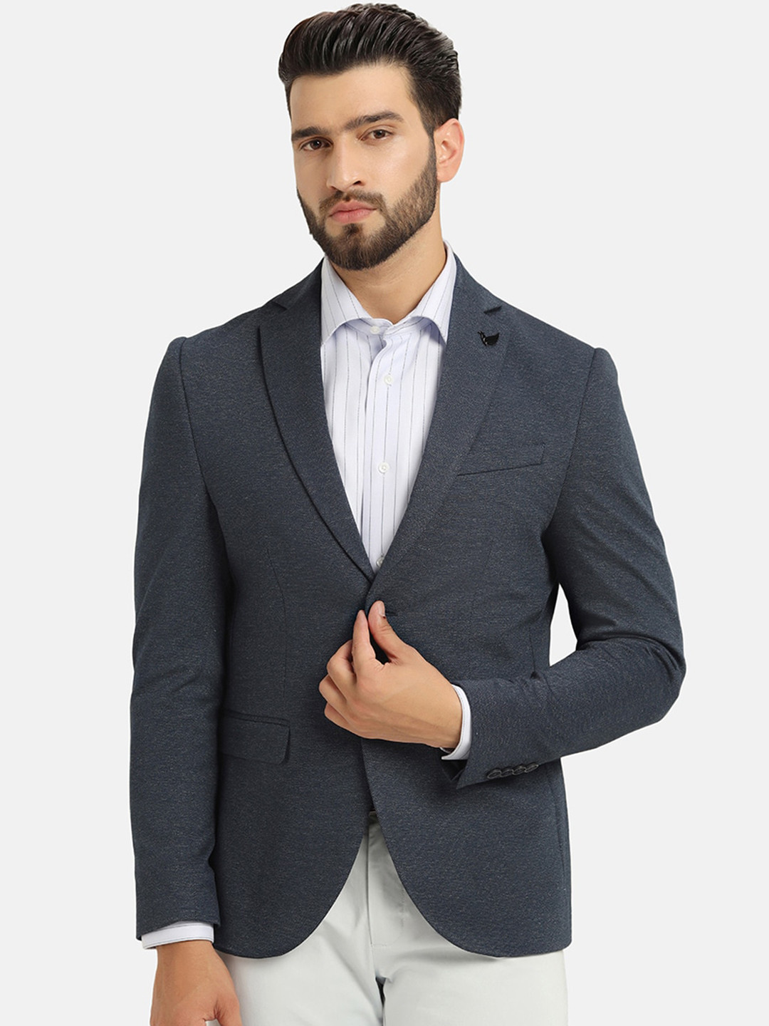 Men's Navy Blue Slim Fit Single Breasted Notched Lapel Collar Cotton Blazers main image 0