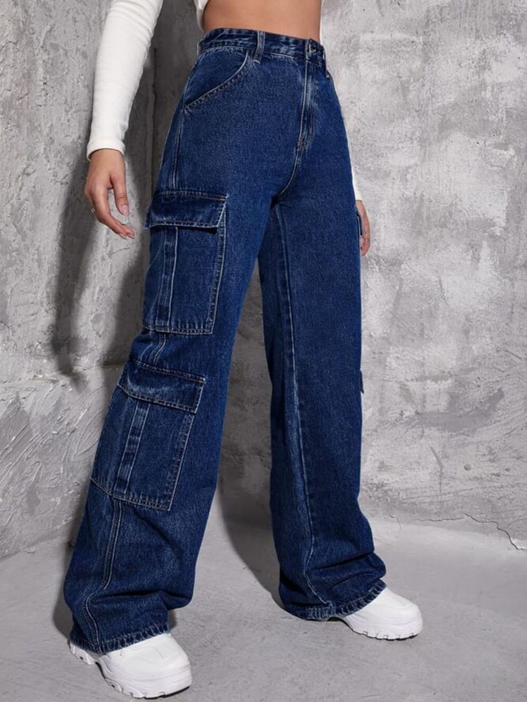Buy BROADSTAR Women Smart Wide Leg High Rise Stretchable Cargo Jeans ...