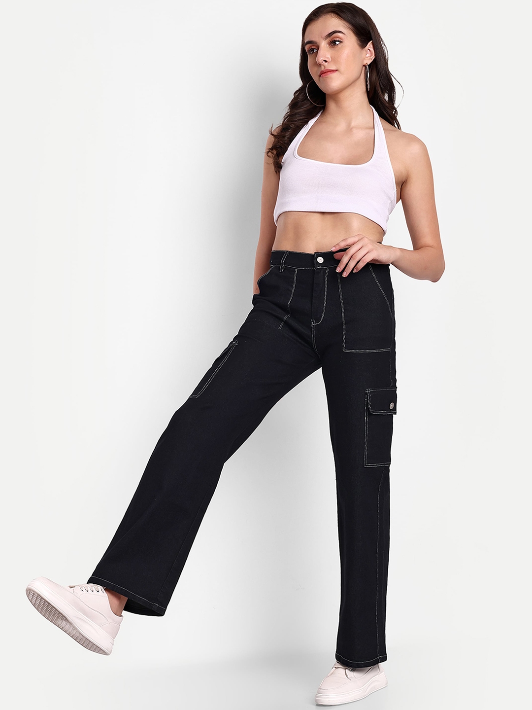 Buy BROADSTAR Women Smart Wide Leg High Rise Stretchable Cargo Jeans ...