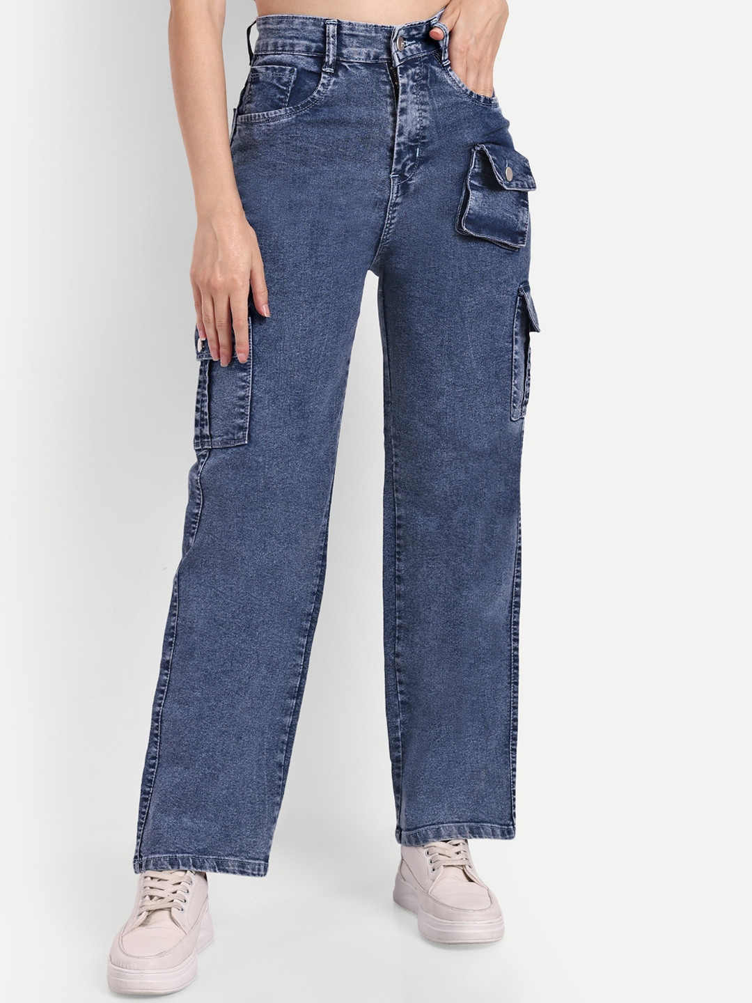 Buy Next One Women Smart Wide Leg High Rise Stretchable Cargo Jeans
