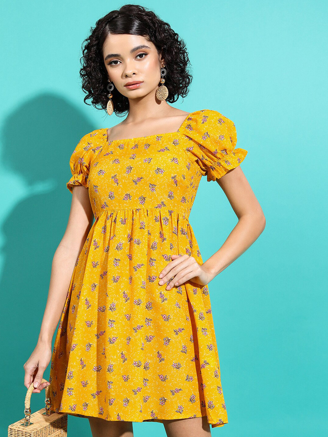 The Fashion Frenzy Neema Puff Sleeve Dress - Yellow Print
