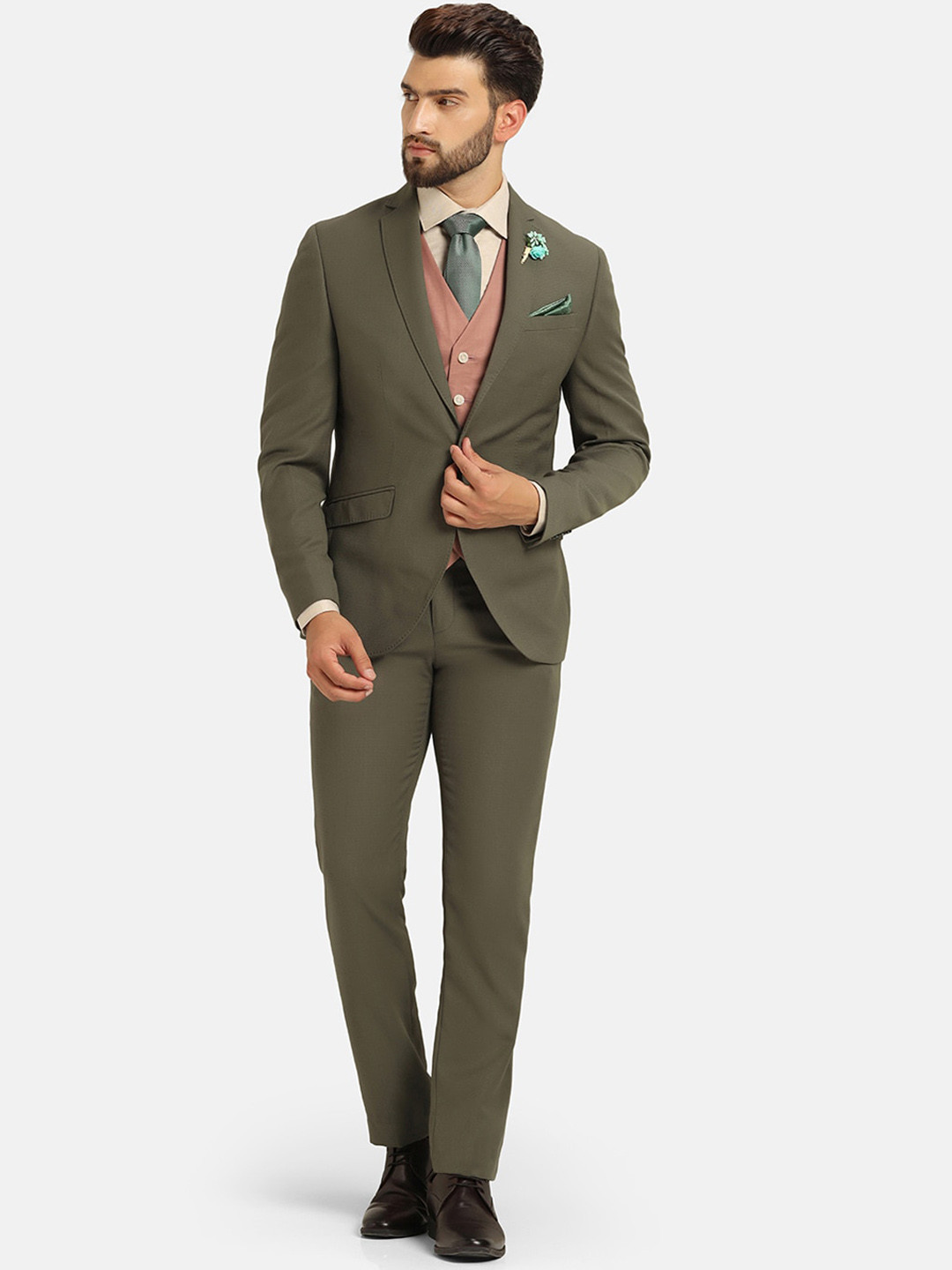 Men's Cream Slim Fit Three Piece Suit - Jacket Era