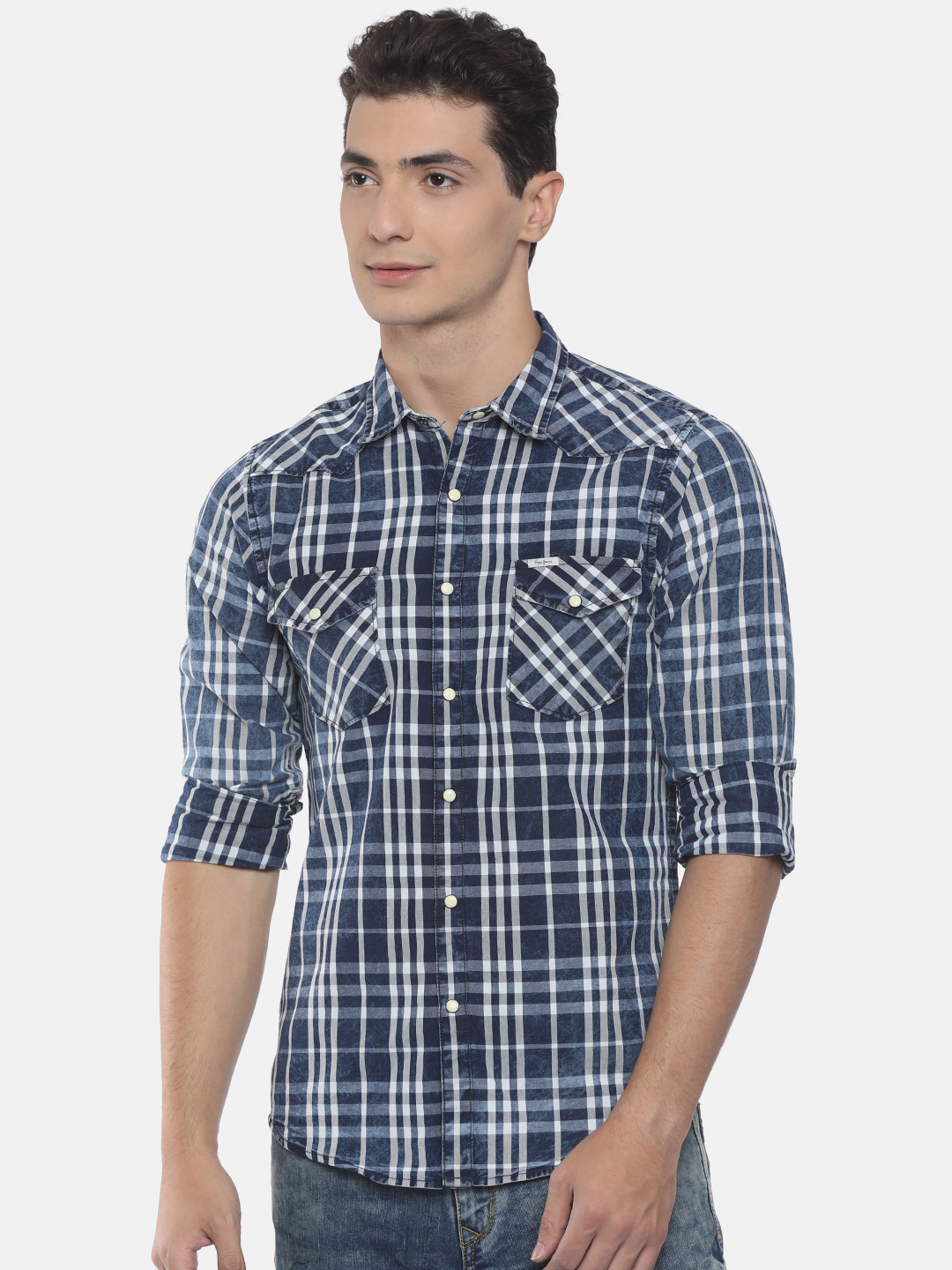 Buy Pepe Jeans Men Navy Blue Slim Fit Checked Casual Shirt Shirts for