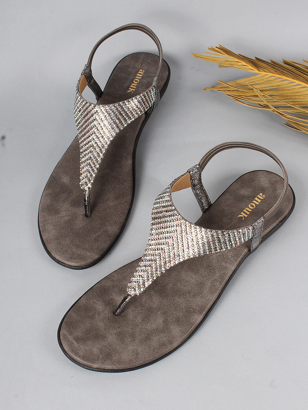 Buy Anouk Gunmetal Toned Embellished Open Toe Flats With Backstrap