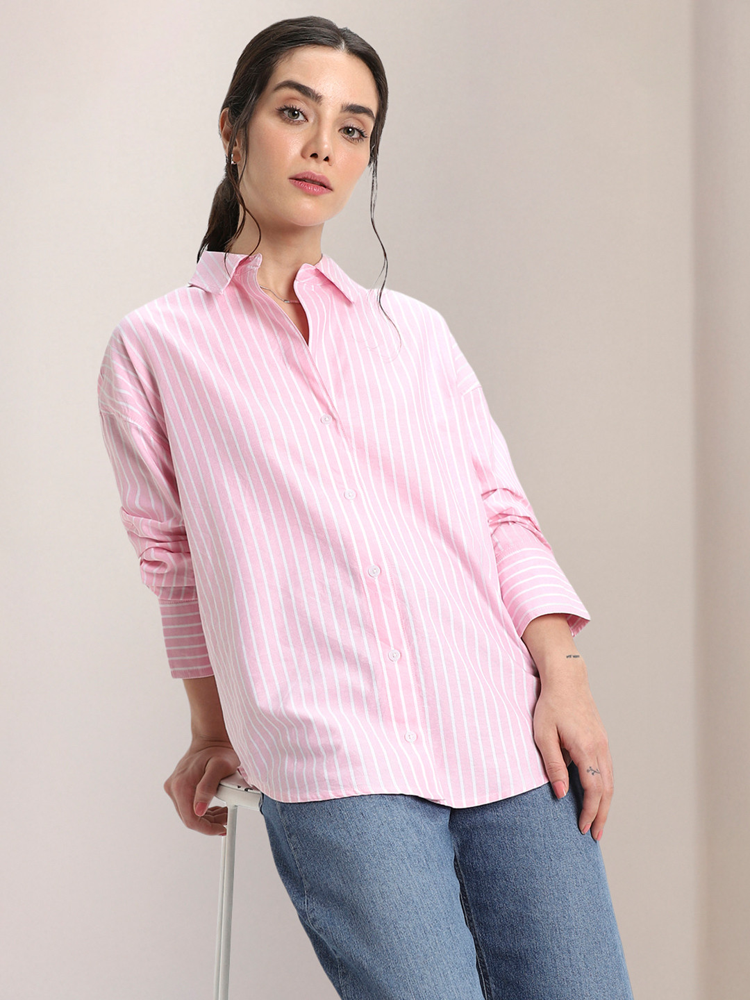 Women's Grey Standard Slim Fit Vertical Striped Casual Shirt