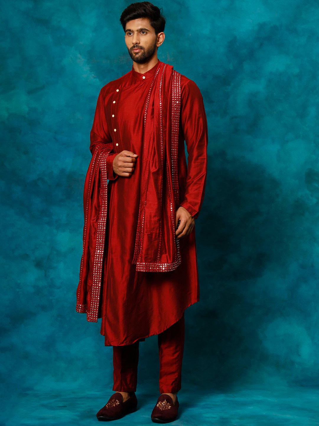 Floral Embroidered Silk Cotton Straight Kurta with Pyjamas & Dupatta – Elegant Festive Wear