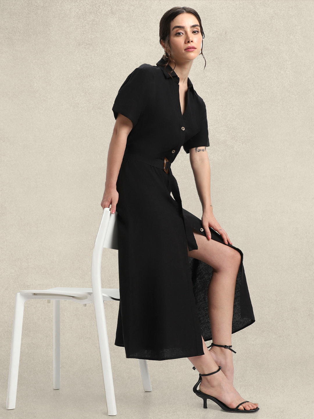 Side Slit Belted Shirt Dress