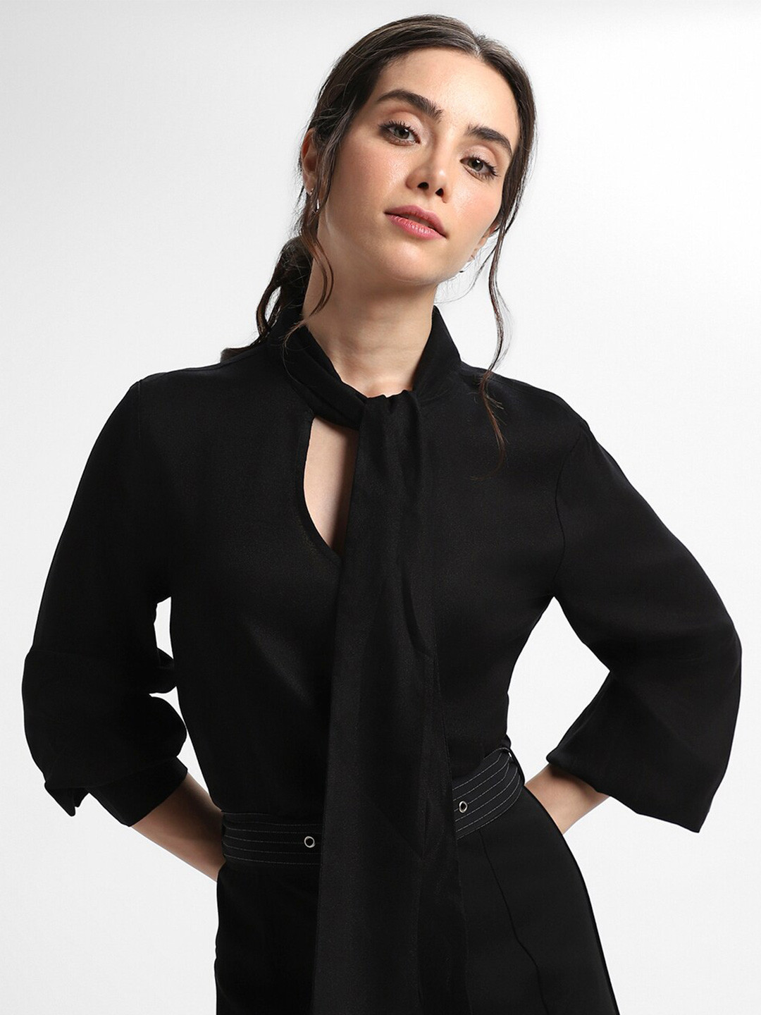 Women's Mustard Tie-Up Neck Top
