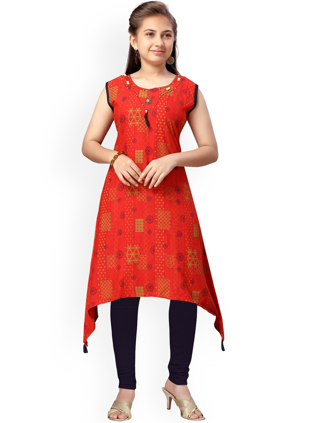 Girls Ethnic Motifs Printed Pleated Pure Cotton Kurta With Trousers & With Dupatta main image 0