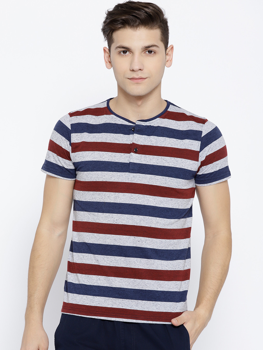 Buy Fort Collins Men Maroon & Grey Melange Striped Henley Neck T Shirt