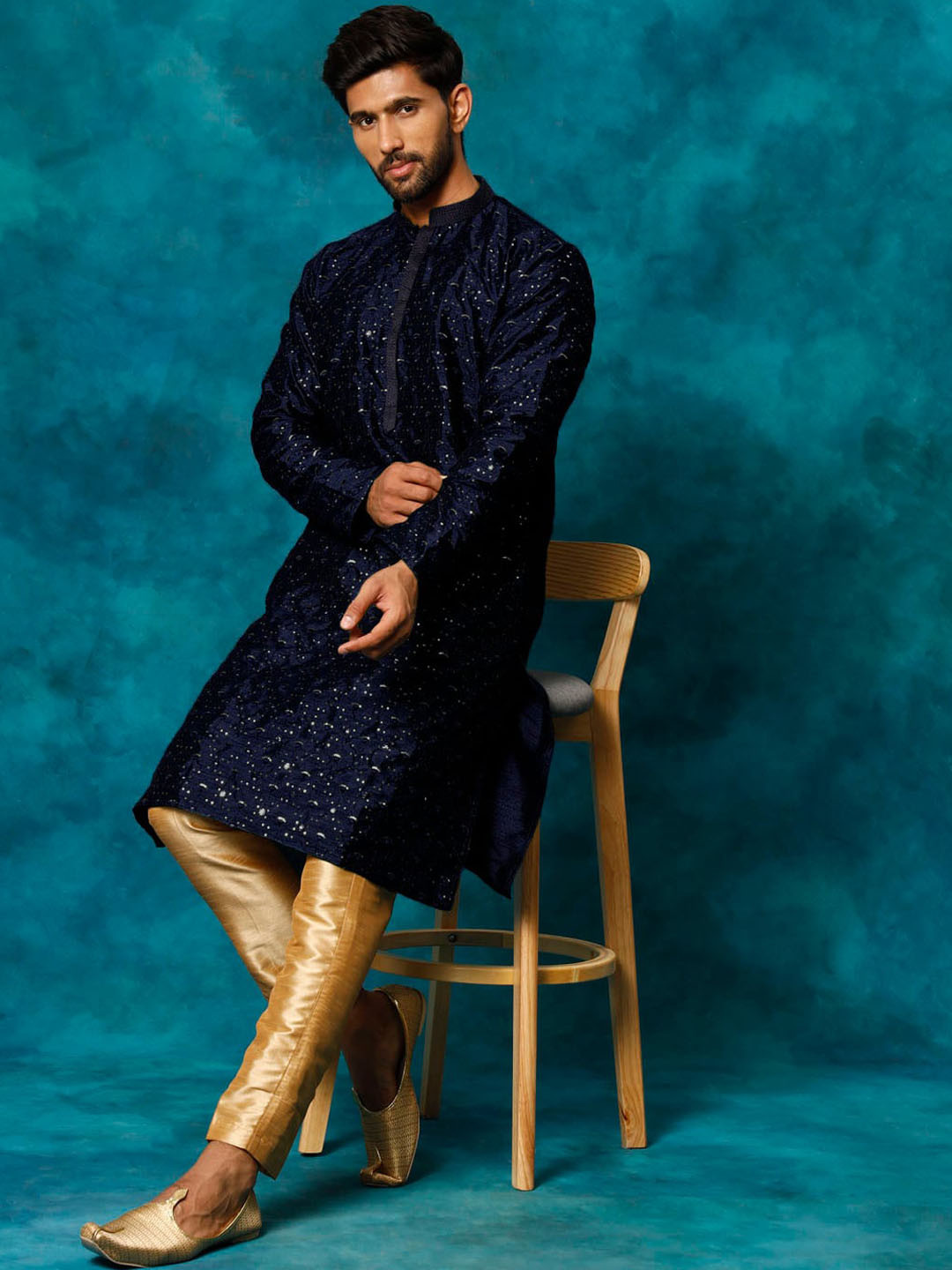 Embroidered And Sequins Straight Kurta Set For Men