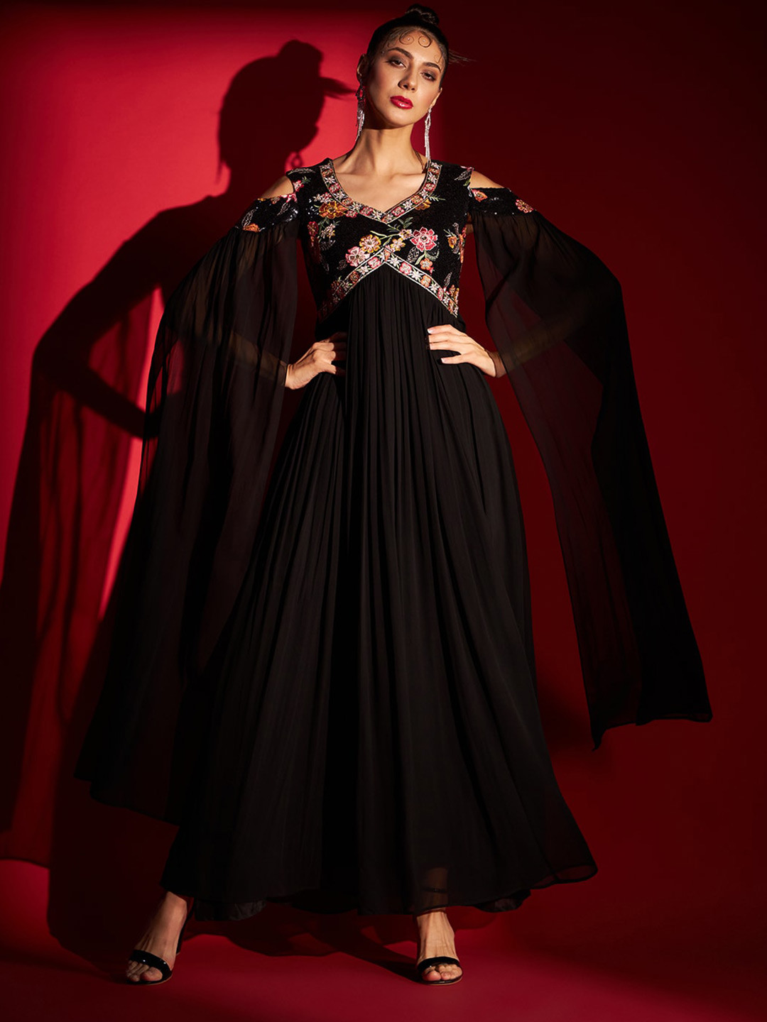 Mayra Black Floral Embroidered Cape Sleeve Maxi Dress main image 0