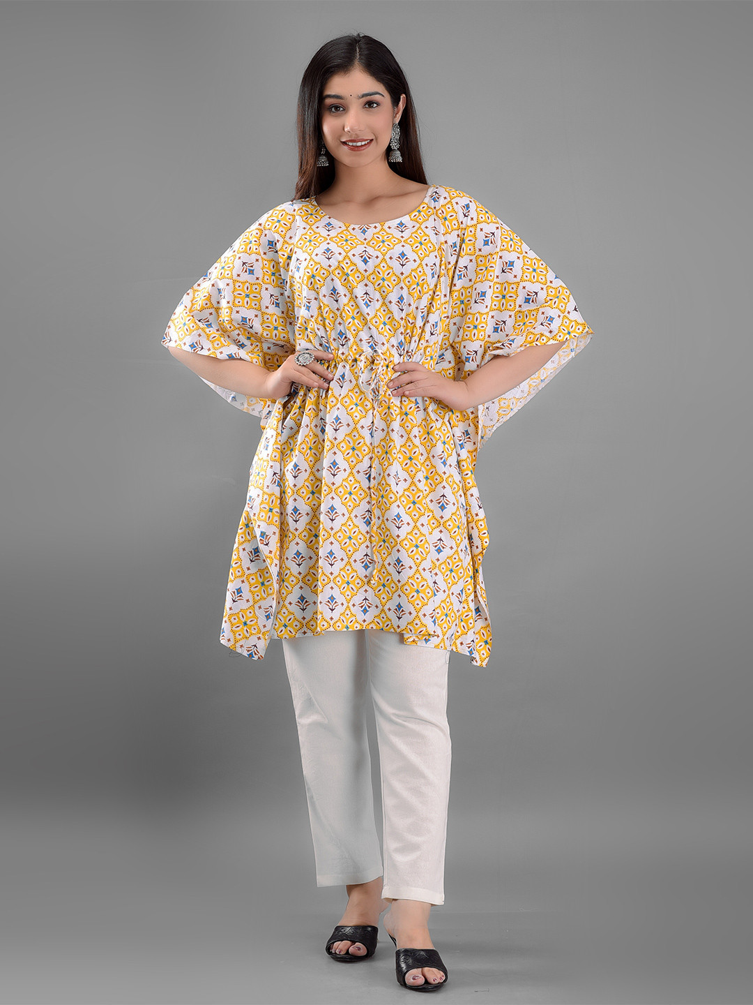 Campana Girls Nihira Flared Kurti - Floral Print - Lime Green & Magenta main image 1