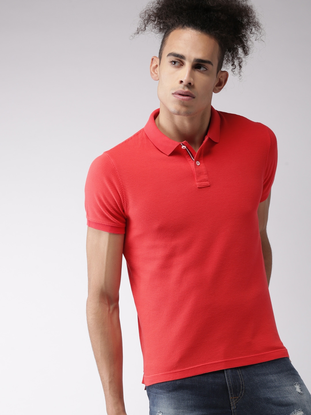 Buy Tommy Hilfiger Men Red Self Striped Polo Collar Pure Cotton T Shirt ...