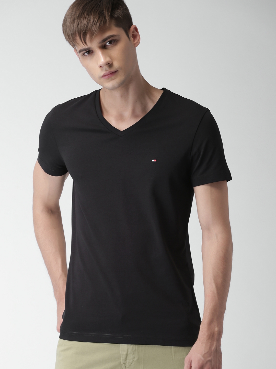 Buy Tommy Hilfiger Men Black Solid V Neck T Shirt - Tshirts for Men ...