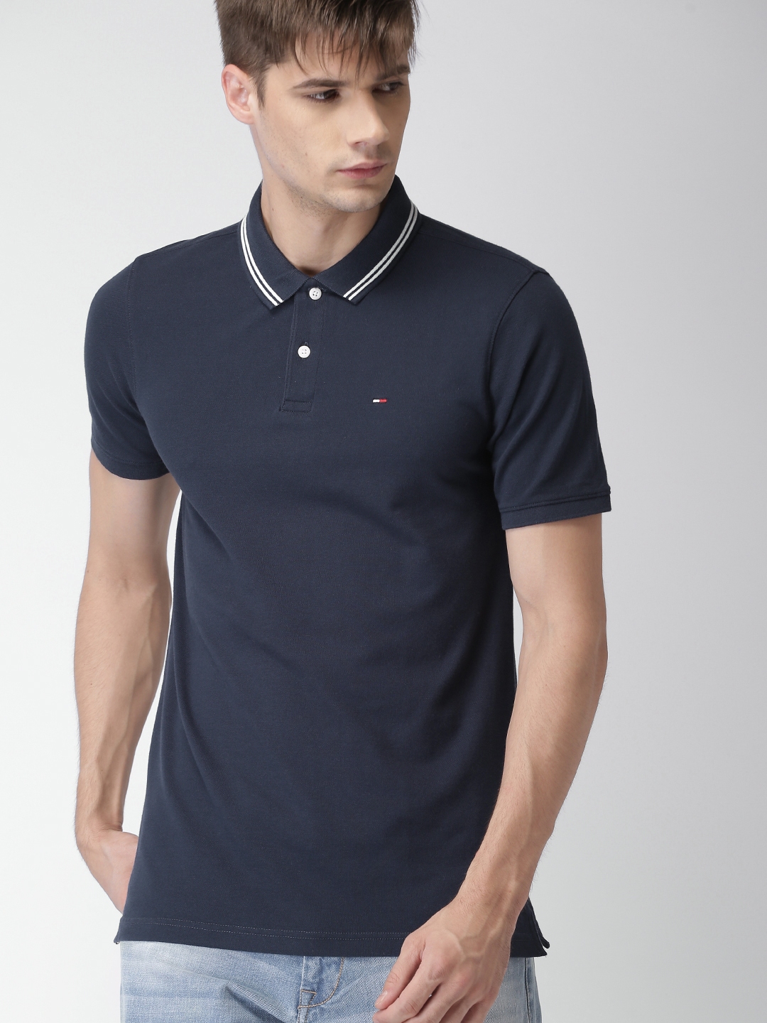 Buy Tommy Hilfiger Men Navy Solid Slim Fit Polo Collar Pure Cotton T ...