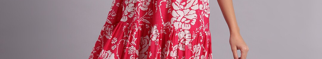 Buy DECKEDUP Floral Printed V Neck Gathered Cotton Empire Midi Dress ...