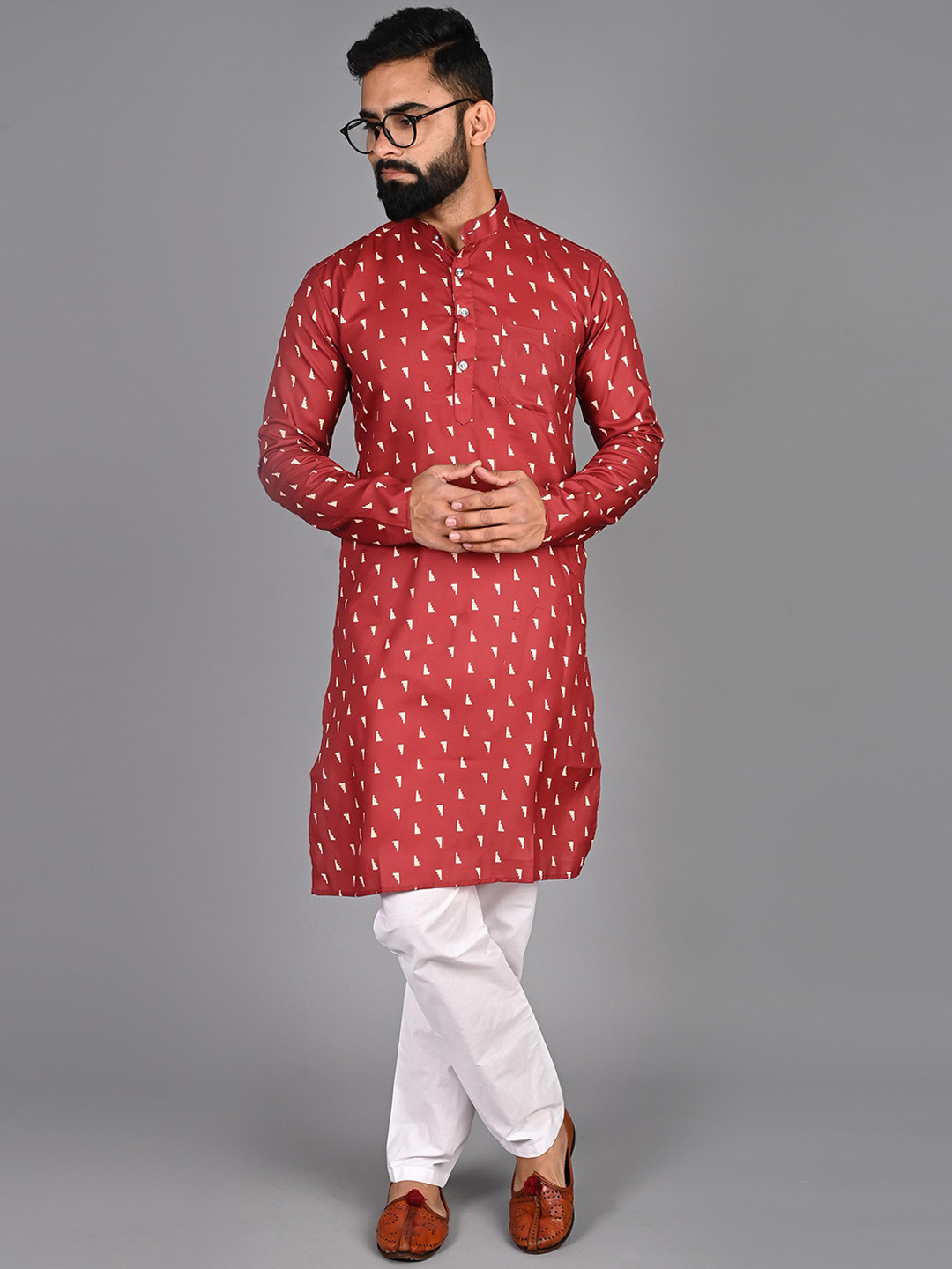 Green & Maroon Readymade Men's Wear Kurta With Dupatta In Solid Hand Mirror Embroidery Work main image 1