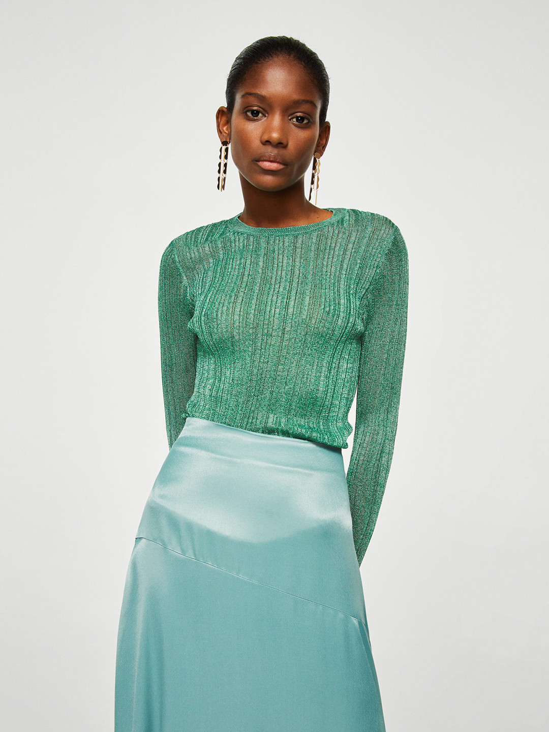 Buy MANGO Women Green Self Striped Shimmer Pullover Sweaters for