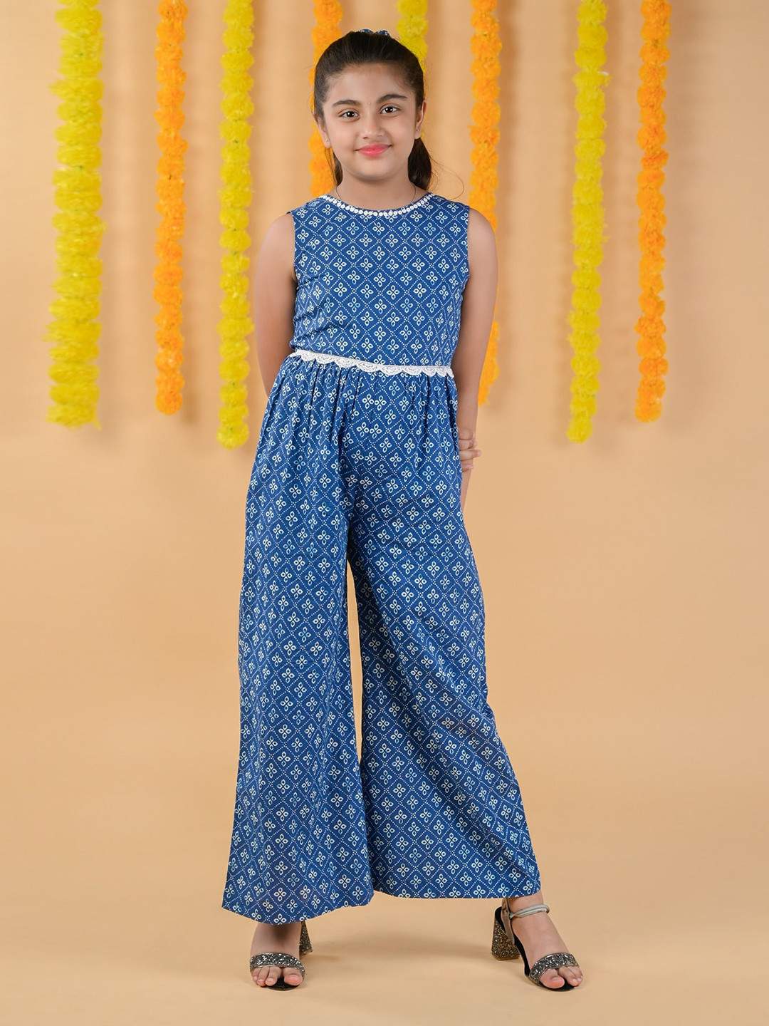 Nautinati Girls' Crepe Cotton Leaf Printed Jumpsuit with Matching Tie-up Belt main image 1