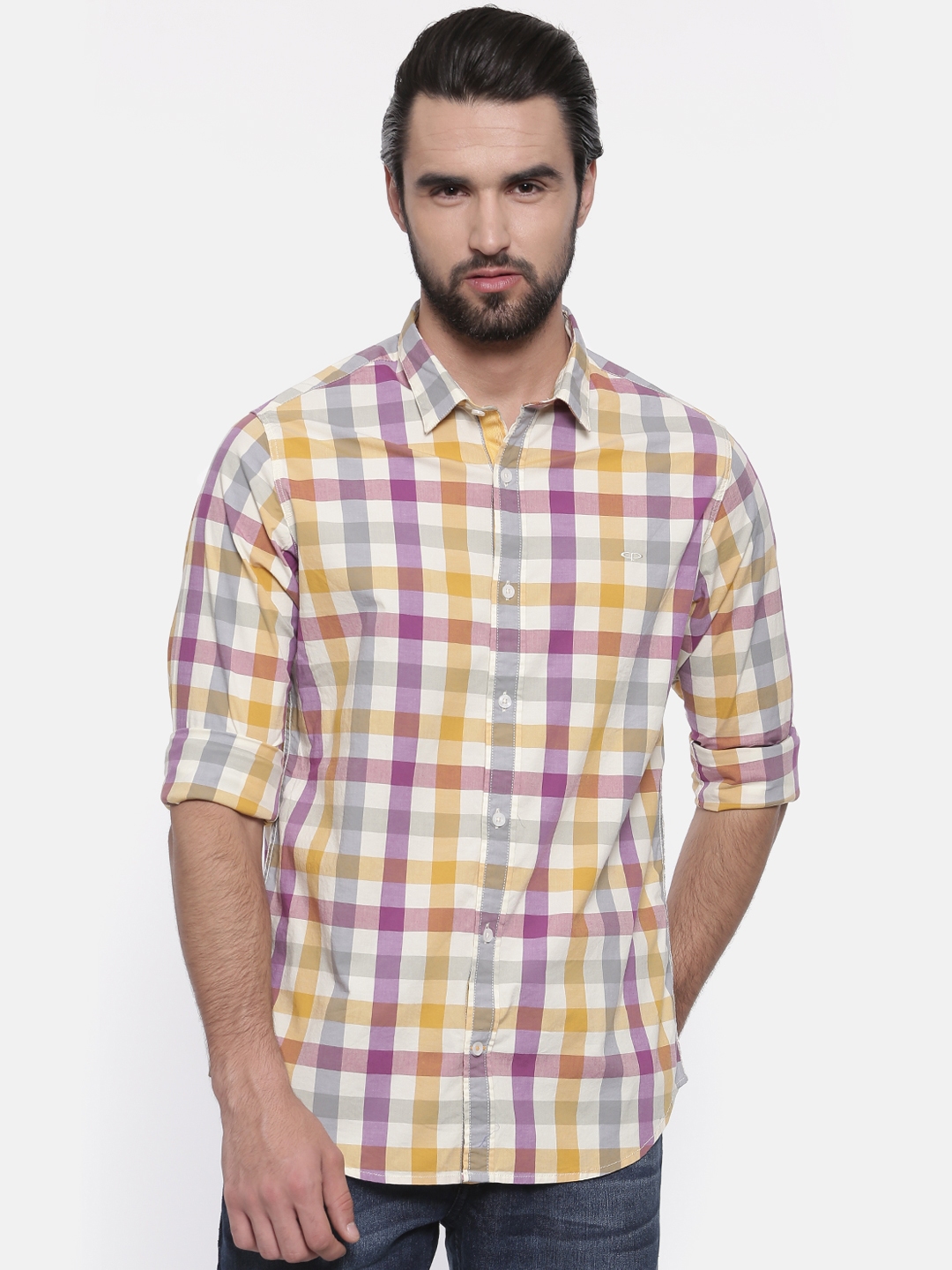Buy ColorPlus Men Yellow & Purple Contemporary Fit Checked Casual Shirt ...