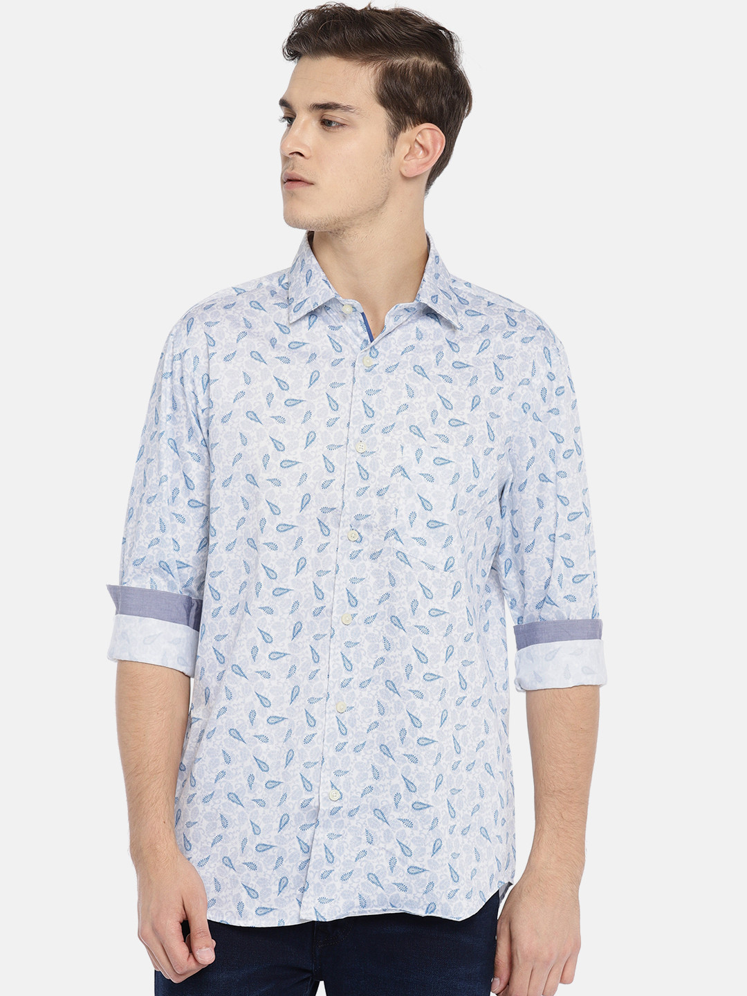 Buy ColorPlus Men Blue & White Tailored Fit Printed Casual Shirt