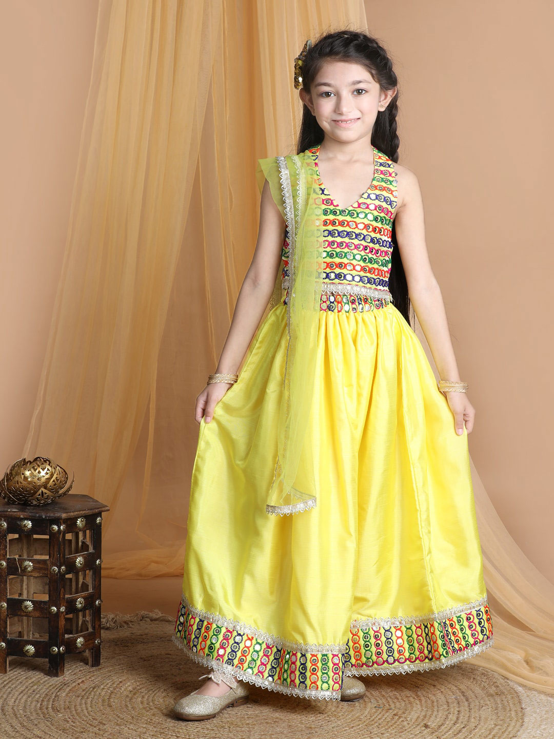 Girl'S Yellow & Pink Ready To Wear Lehenga With Blouse main image 1