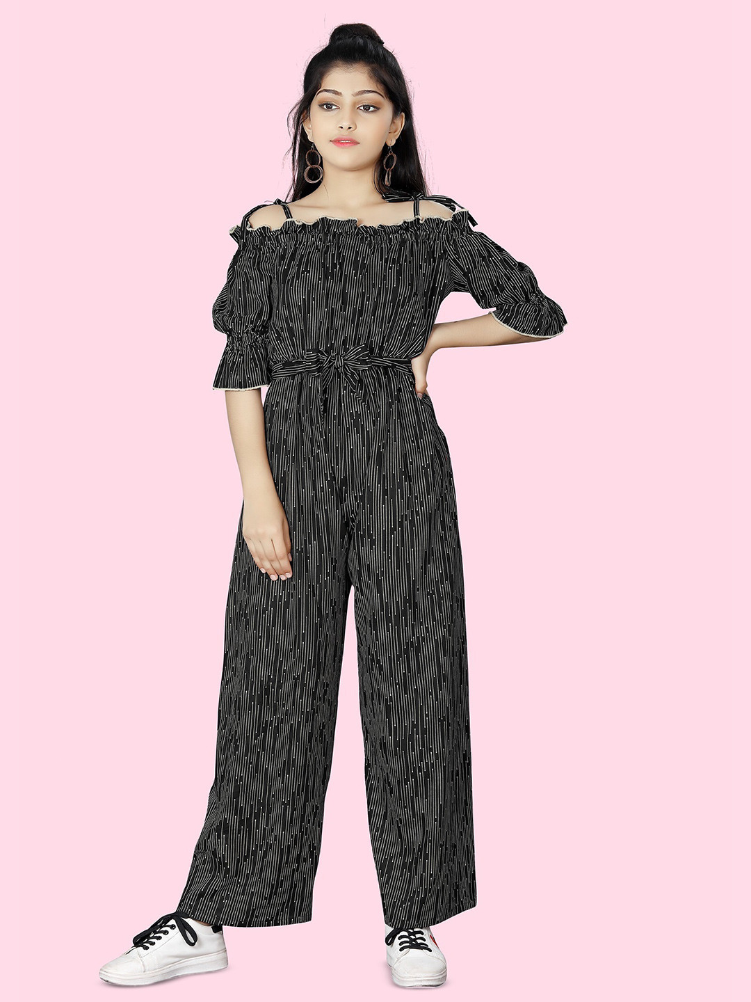 Girls Black & Yellow Printed Basic Jumpsuit