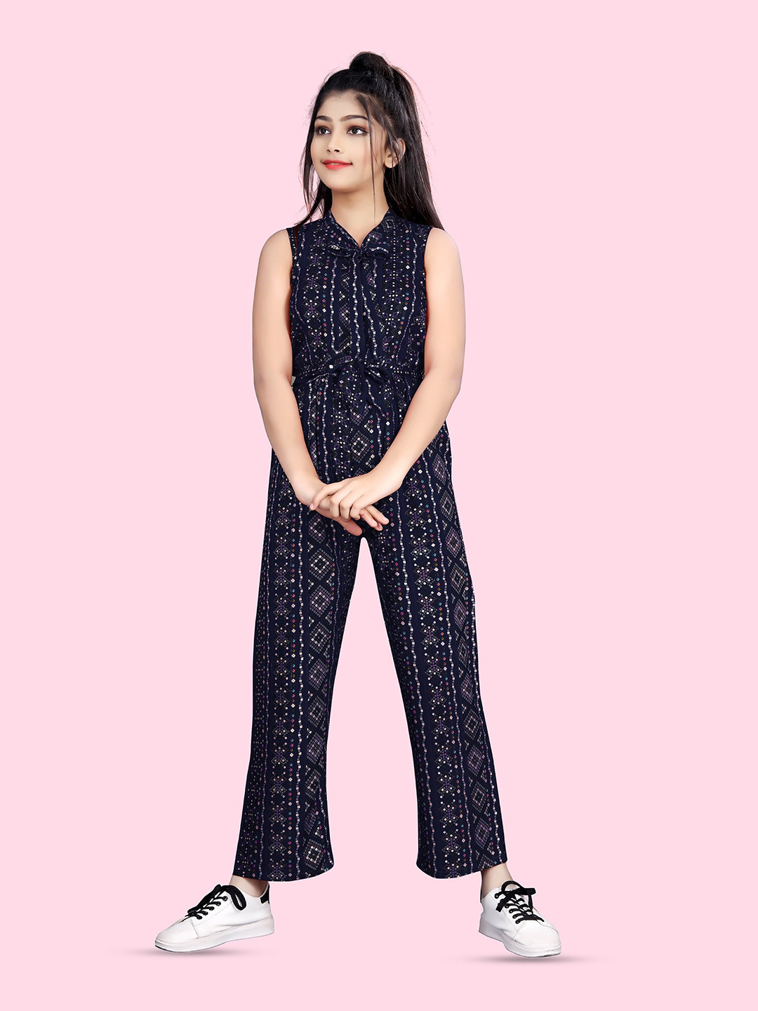 Nautinati Girls' All-over Geomtric Print Waist Tie-up Jumpsuit