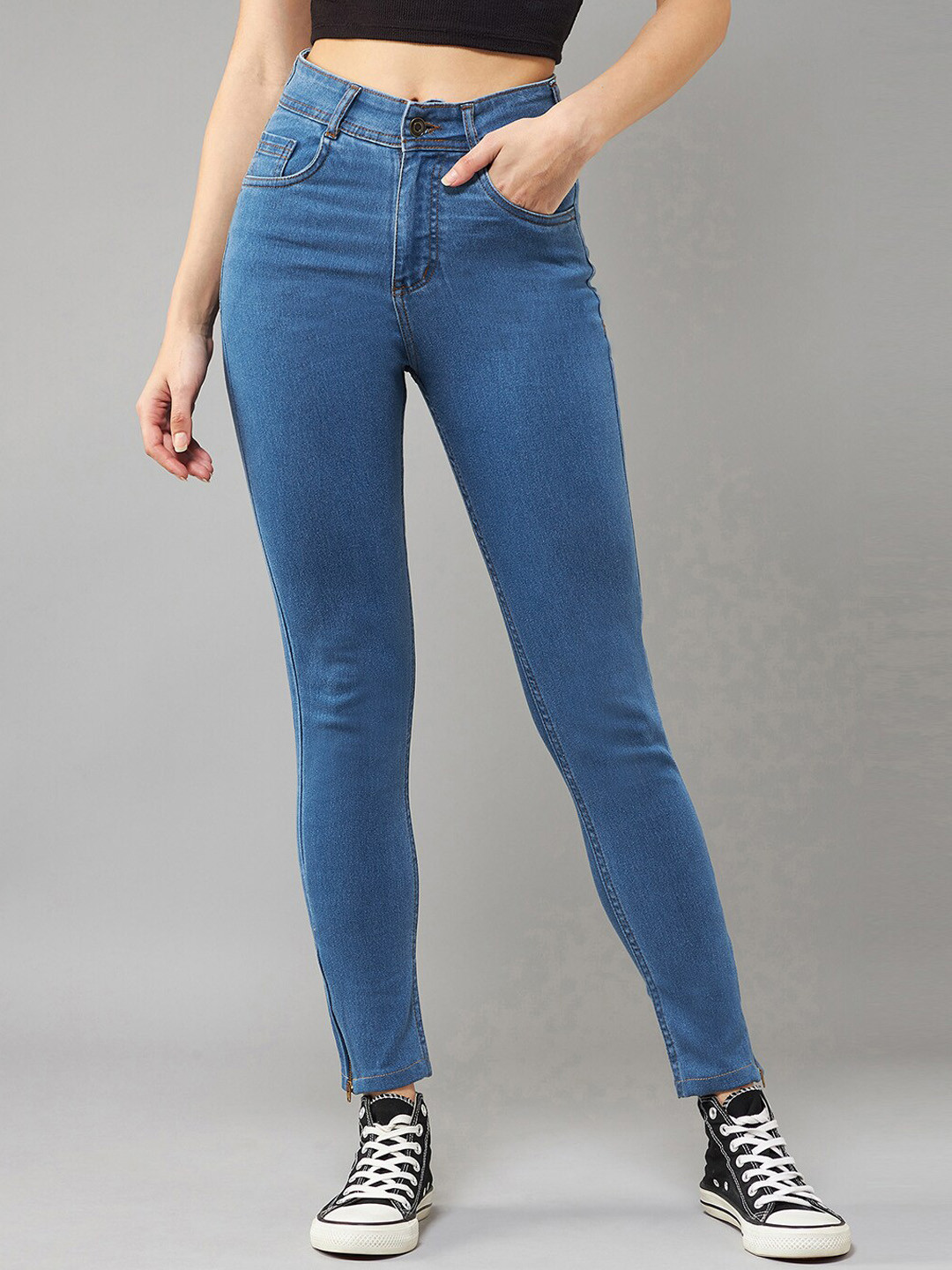 Women Fashion Skinny Single-breasted Jeans Comfortable Stretch Casual Denim Pants Dark Blue