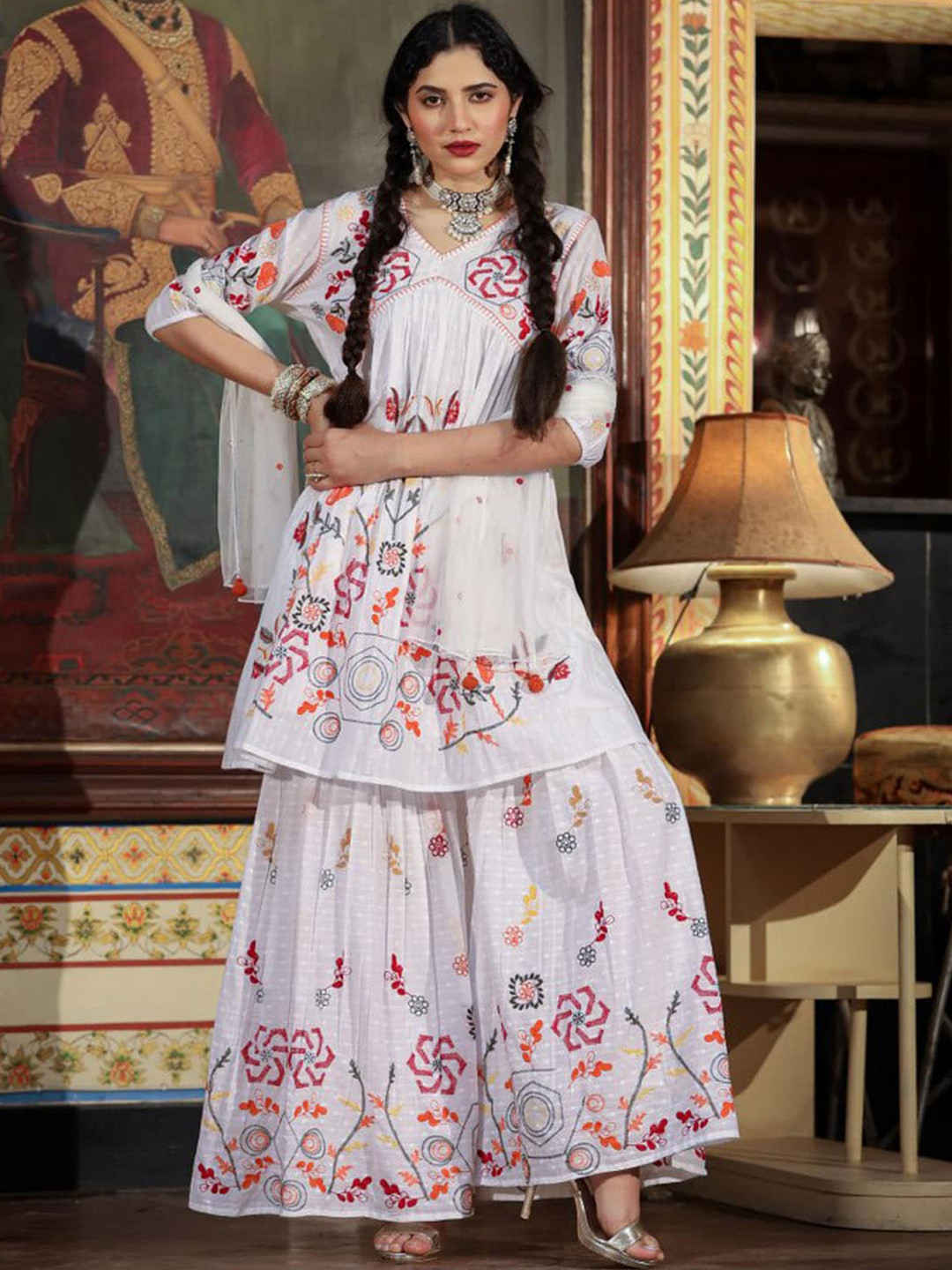 Women Ethnic Motifs Embroidered Kurta with Sharara & Dupatta main image 0